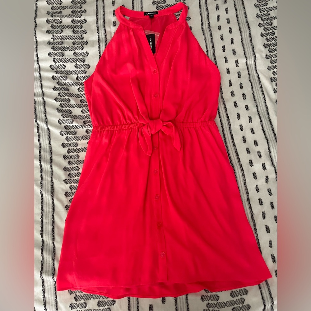 Express Bright Coral Button-Down Halter Dress
